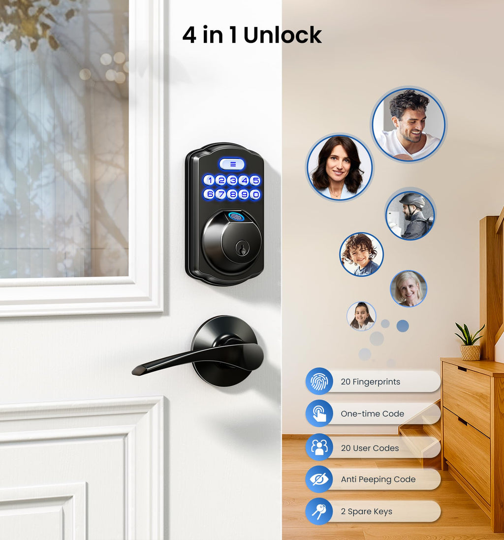 Fingerprint Door Lock, Keypad Deadbolt, Matte Black