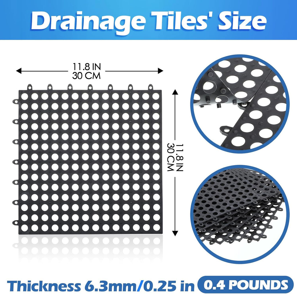50 Pcs 11'8 x 11'8 Inches Interlocking Drainage Tiles Dry Deck with Drain Holes Non Slip Floor Mats TPE Soft for Bathroom Patio Pool Deck(Black)