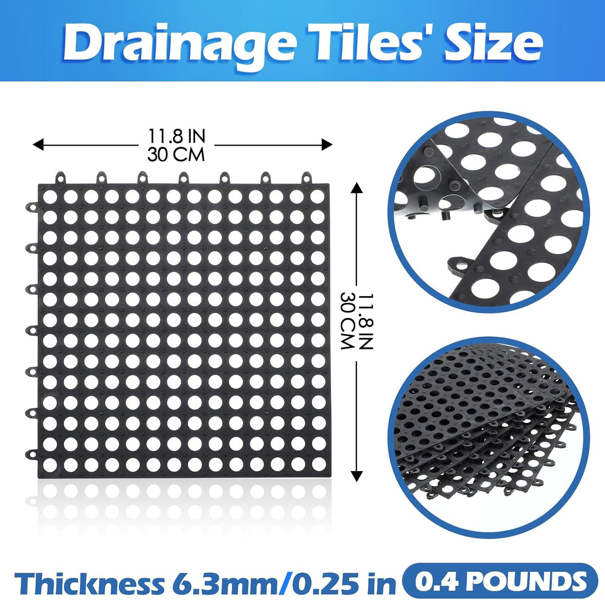 50 Pcs 11'8 x 11'8 Inches Interlocking Drainage Tiles Dry Deck with Drain Holes Non Slip Floor Mats TPE Soft for Bathroom Patio Pool Deck(Black)