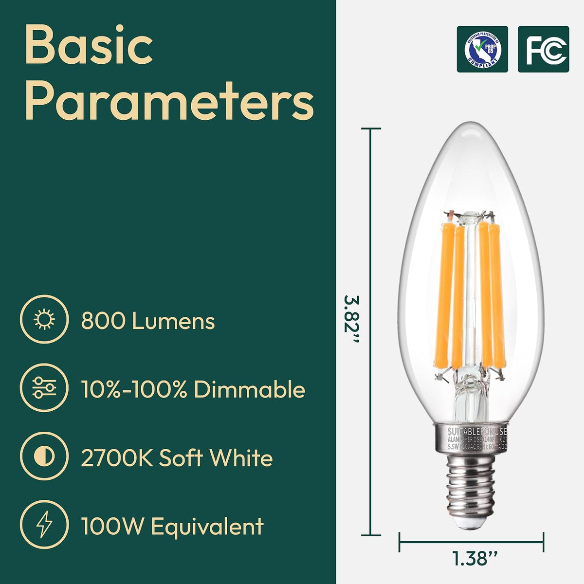 6 Pack Chandelier Light Bulbs 100 Watt Equivalent, 800LM Bright Dimmable LED Light Bulb, E12 Base, 2700K Soft White