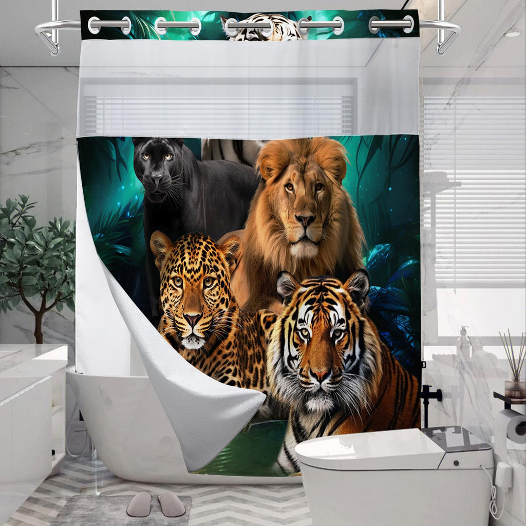 Wild Jungle Animal Waffle Shower Curtain Leopard Lion Tiger Panther No Hooks Shower Curtains with Snap in Liner