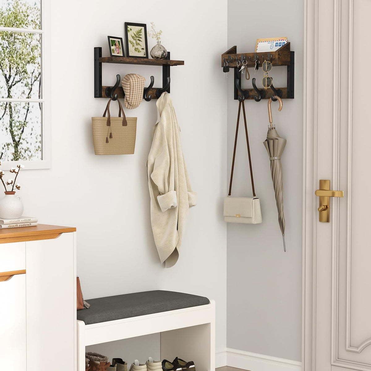 29" Coat Rack Wall Mount with Shelf, Rustic Brown