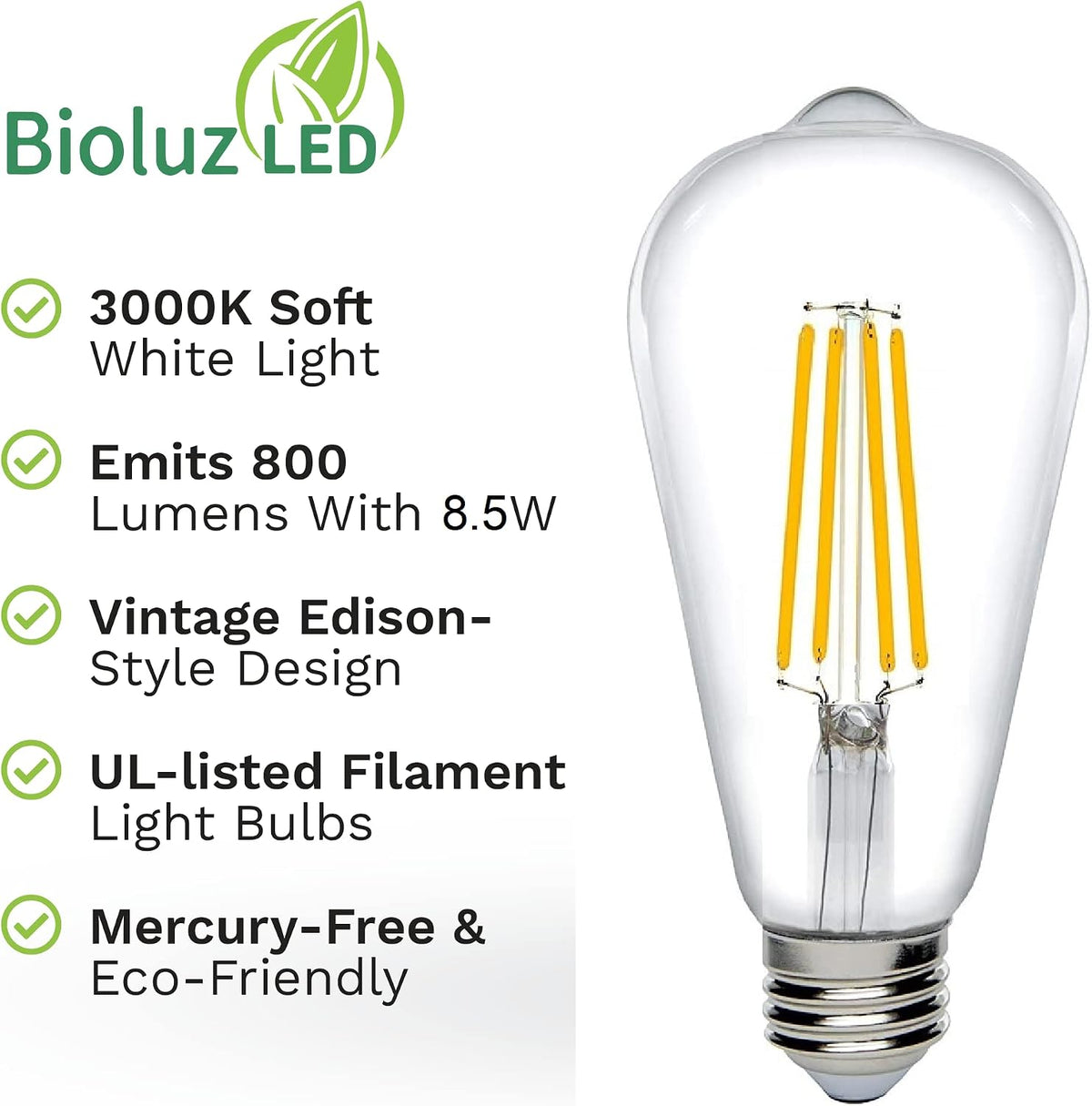 Dimmable Edison Light Bulbs - 800 Lumen Soft White 3000K LED Replacement for Incandescent Light Bulbs - 6-Pack