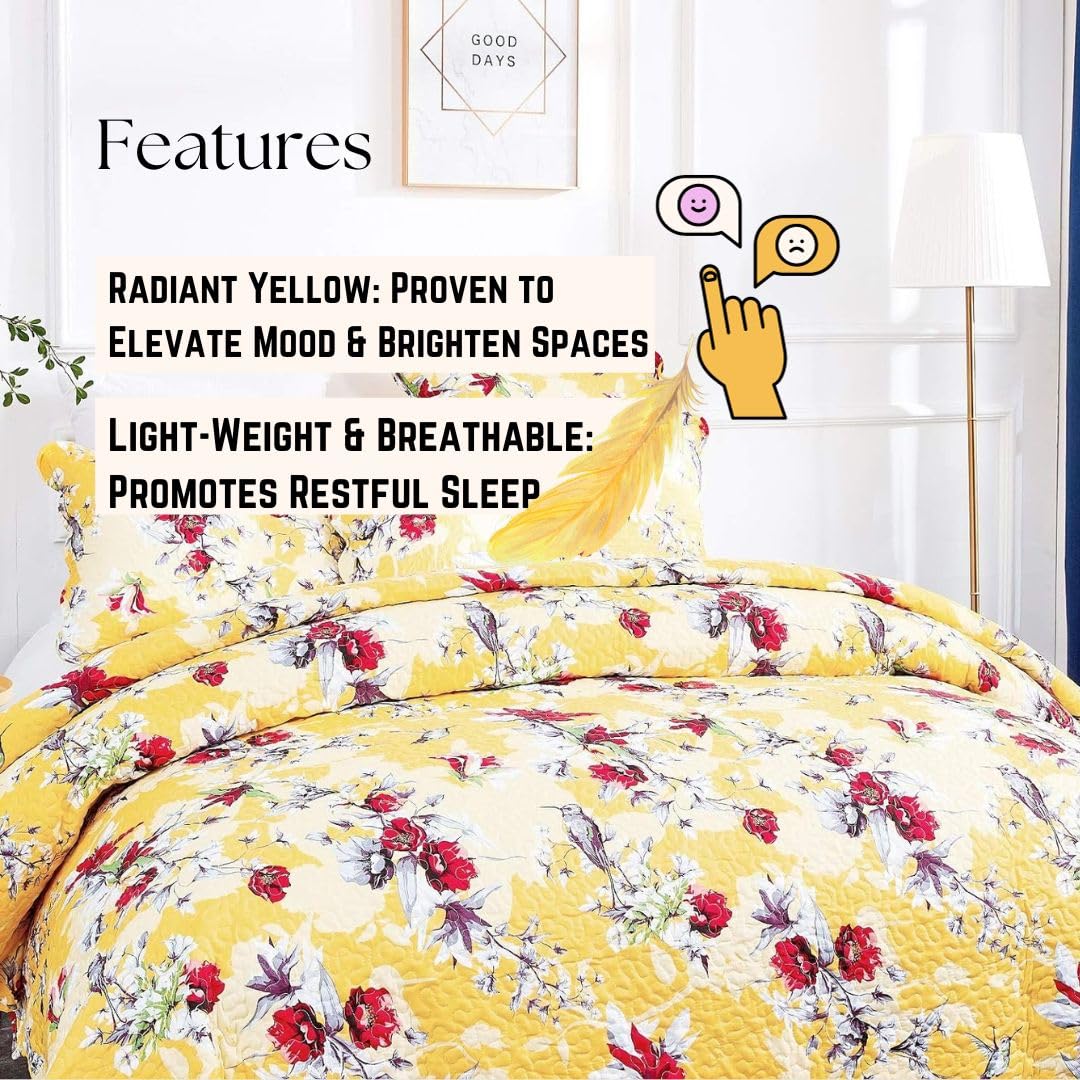 Bedding Radiant Sunshine Yellow Floral Bedspread Set - Hummingbirds Farmhouse Red Flowers Garden Quilted Coverlet