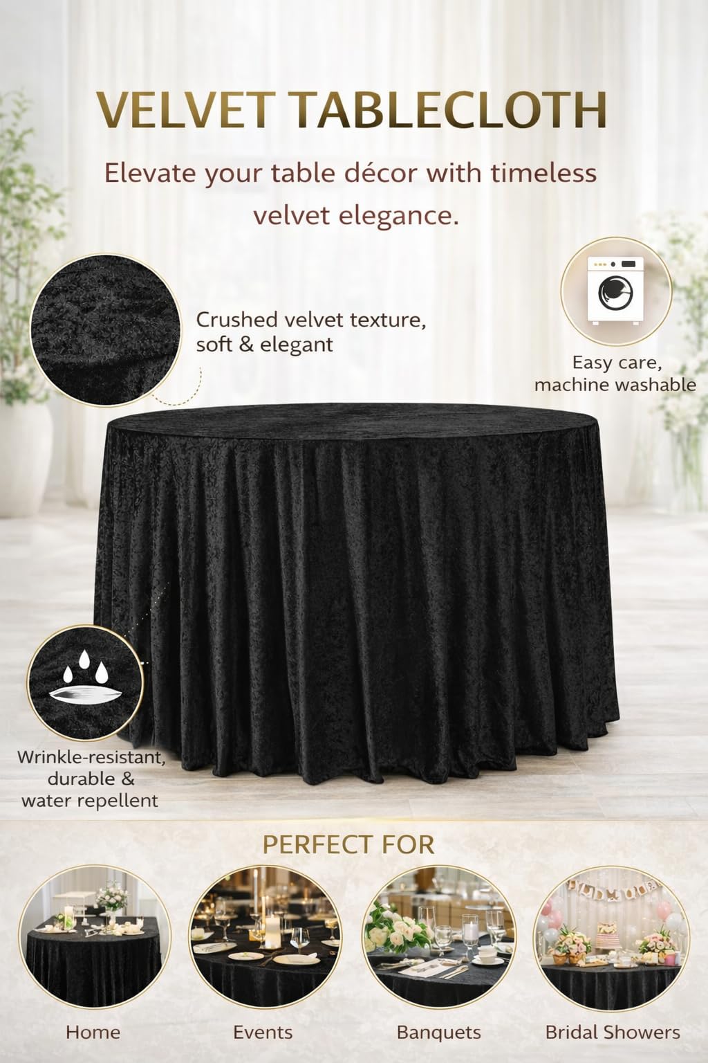 Lush Panne Velvet Round Tablecloth - 120 Inch Elegant Velvet Table Cover for Weddings, Banquets, Holiday Dinners &