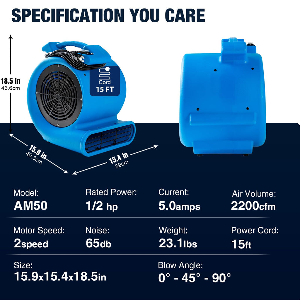 2200 CFM 1/2 HP Commercial Air Mover Floor Drying Fan
