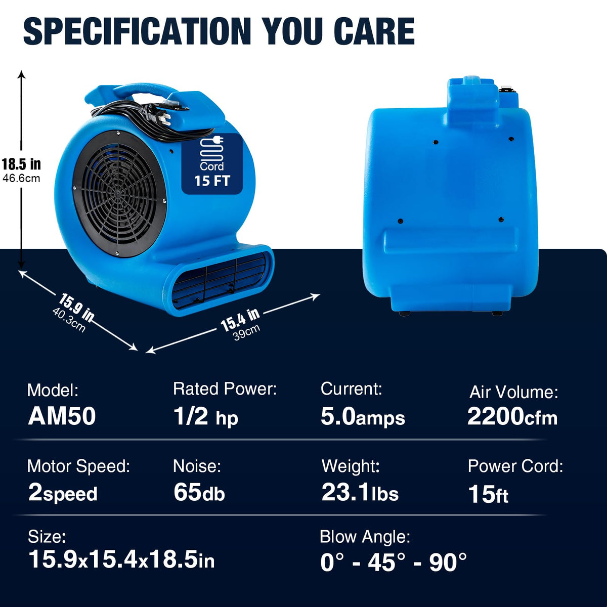 2200 CFM 1/2 HP Commercial Air Mover Floor Drying Fan