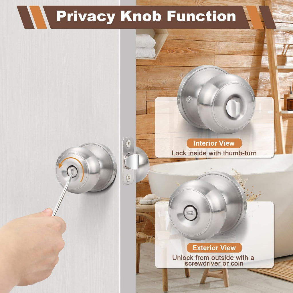 5 Pack Door Knobs Brushed Nickel Interior Keyless Door Lock Privacy Door Handle, Round Ball Silver Knobs Bedroom