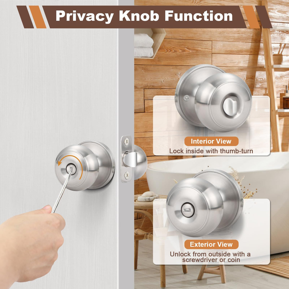 5 Pack Door Knobs Brushed Nickel Interior Keyless Door Lock Privacy Door Handle, Round Ball Silver Knobs Bedroom