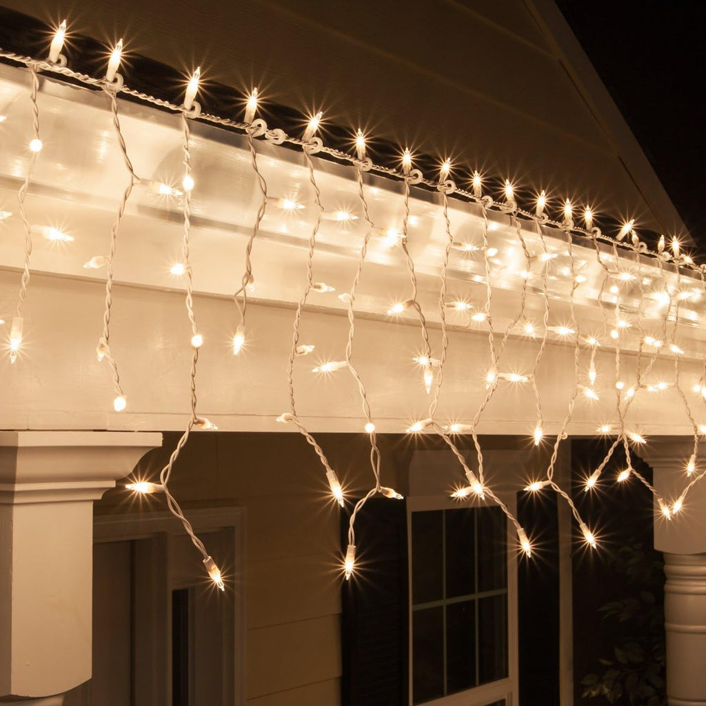 8.5 ft Clear Commercial-Grade Incandescent Icicle Lights, 150 Lights on White Wire Christmas Icicle Lights Outdoor