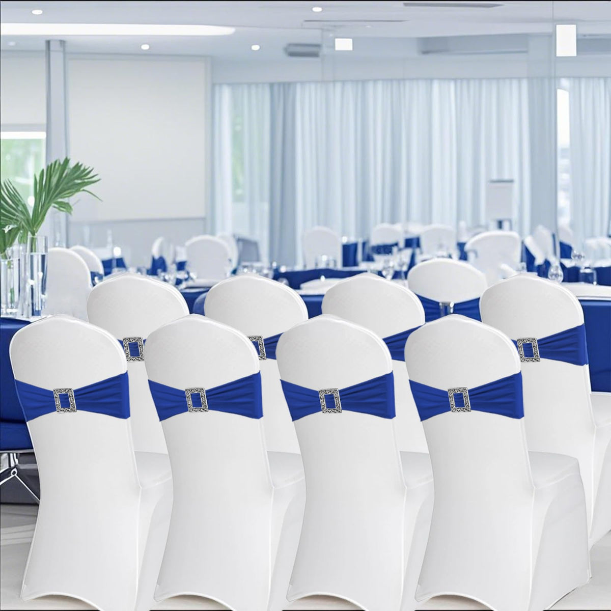 100 PCS Spandex Chair Sashes, Royal Blue Elastic Stretch Dining Chair Slipcovers with Buckle Slider for Wedding Party