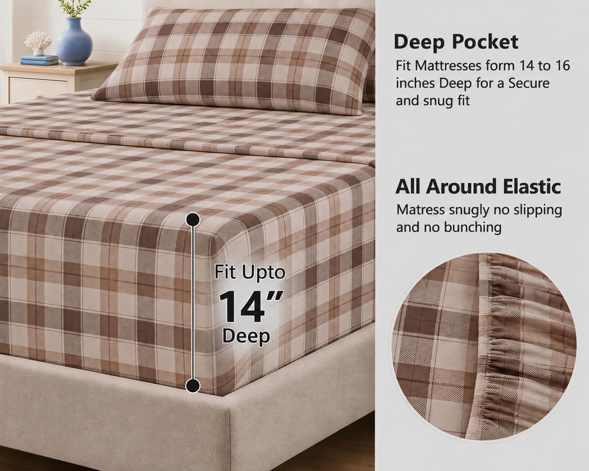 100% Cotton Flannel Sheets, 4 PCs, Beige & Grey Plaid