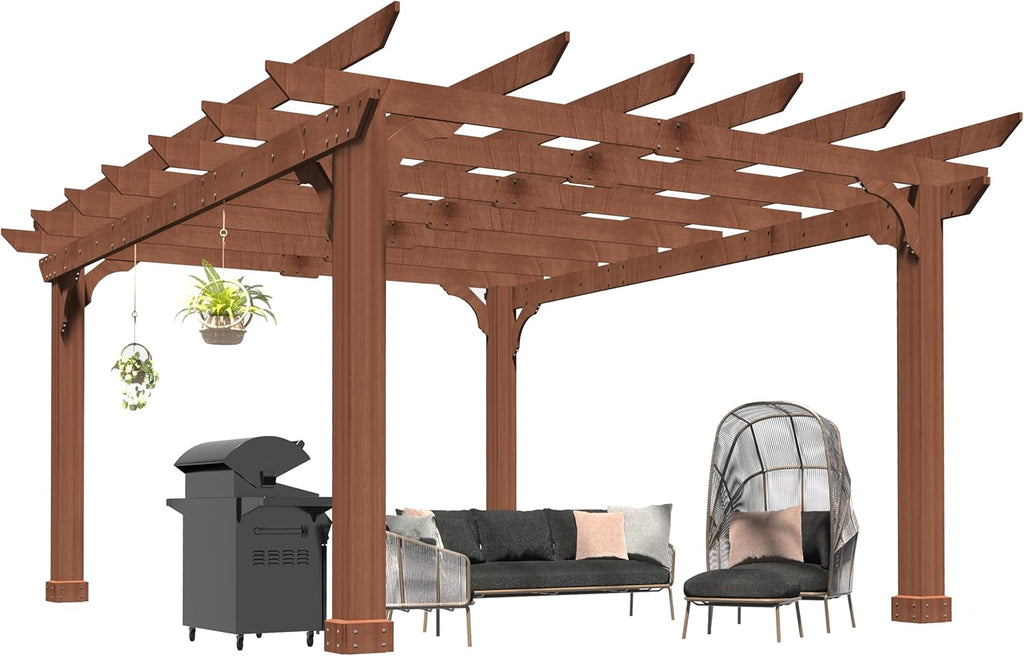 10x12 FT Wooden Pergola, Cedar Wood Gazebo with Flat Roof, Outdoor Garden Shelter with Stakes Included, Patio, Deck
