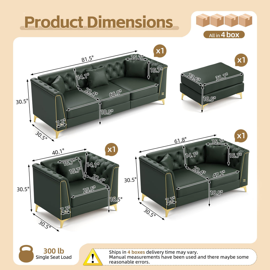 Faux Leather Sofas, 3-Piece Couch Set with Ottoman, Green