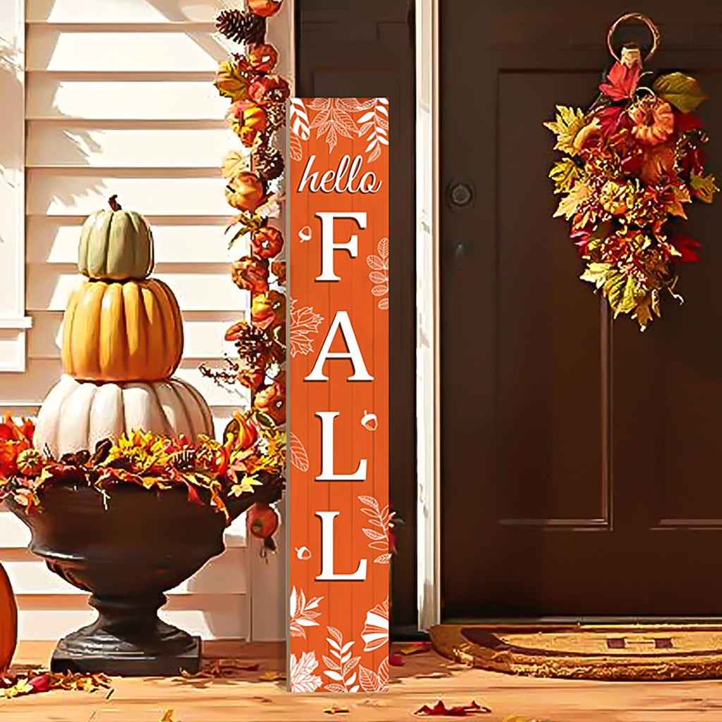 Hello Fall Porch Sign Autumn Leaves Wooden Welcome Sign Vertical Fall Hanging Signs For Standing Front Porch Decor