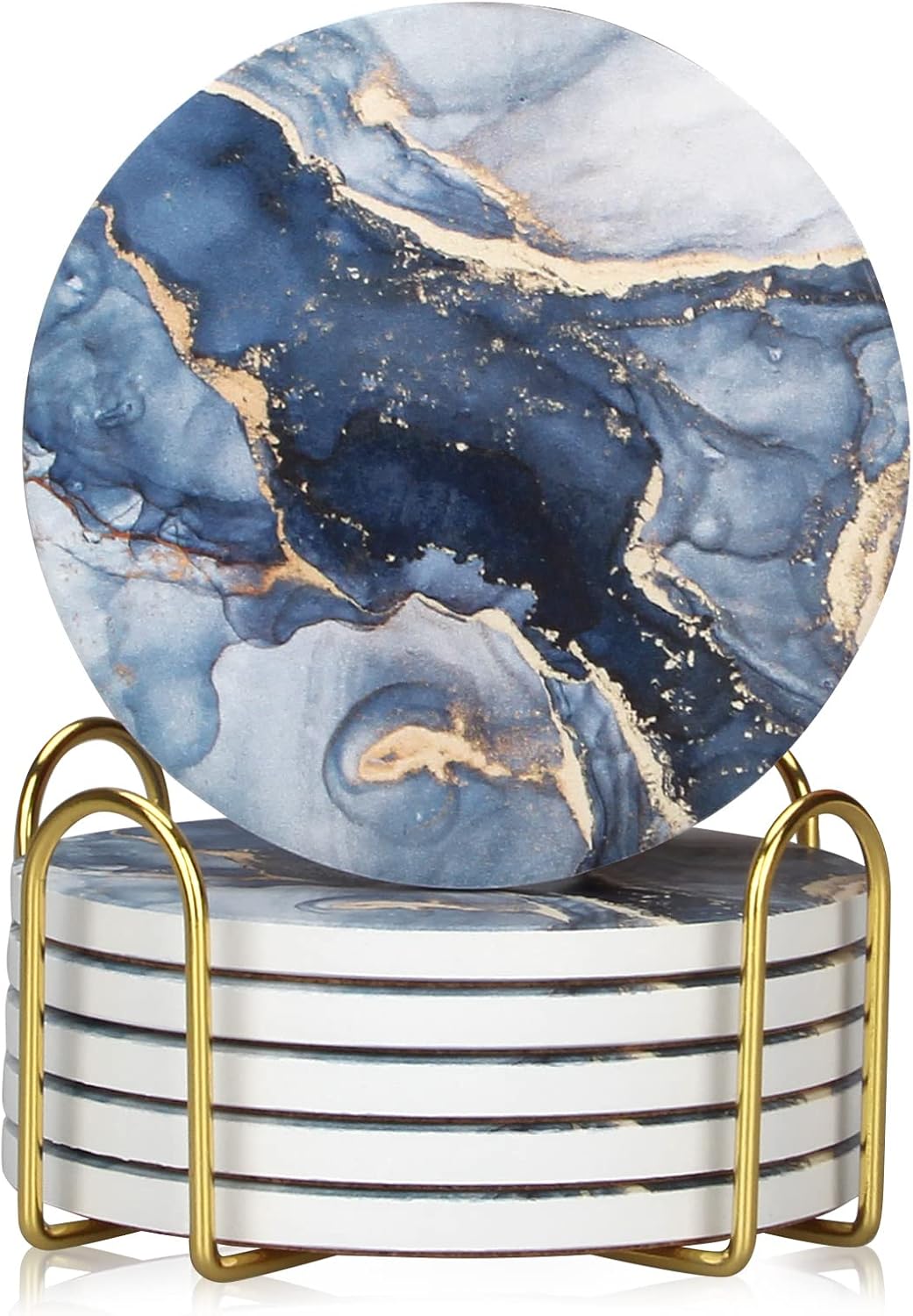 Coasters, Navy Blue Marble Abstract Ceramic Coasters with Holder - Set of 6