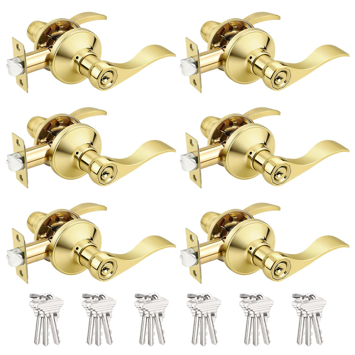 Door Handles Exterior Door Lock Set, Brass Gold Front Door Handle, Entry Door Lever Keyed Alike, 6 Pack
