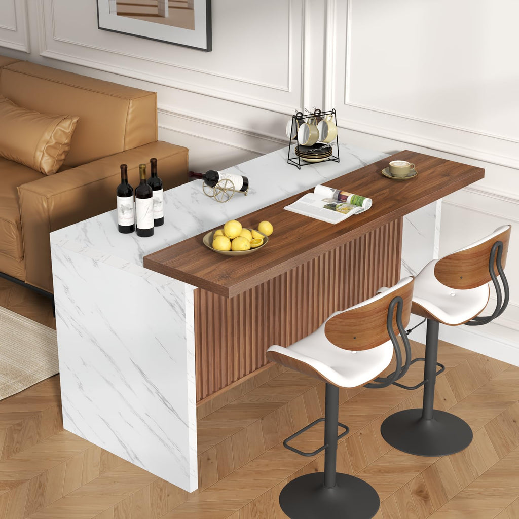 63" Large Imitation Marble Bar Table, Kitchen Island Table with LED Lights