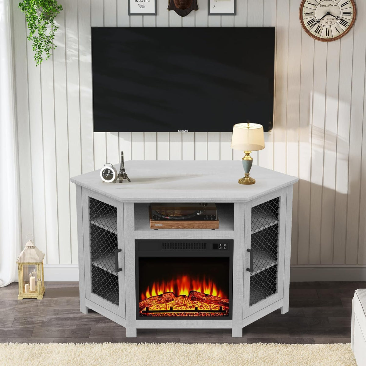 47 Inch Corner Fireplace TV Stand for TVs up to 55 Inches, Rustic Media Entertainment Center with 18 Inch Electric Fireplace and Adjustable Shelves, Grey