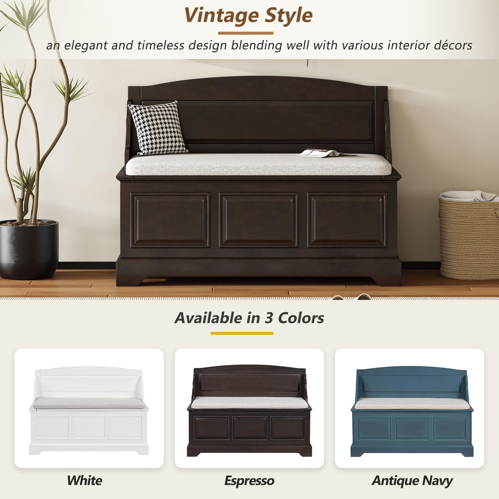 Farmhouse Storage Bench, Wood Entryway Storage Bench Shoe Bench with Removable Cushion