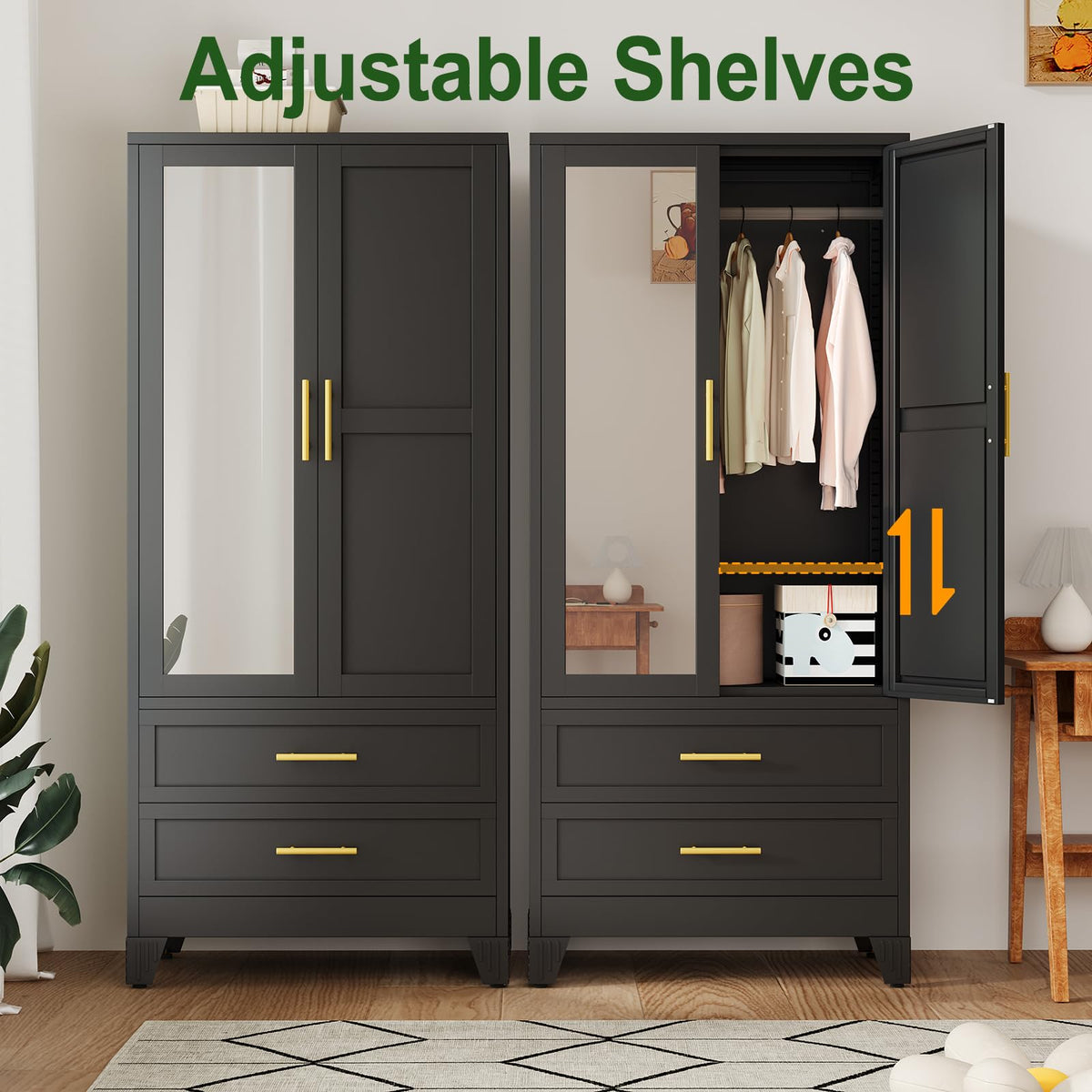 Metal Armoire Wardrobe, 71" Tall Bedroom Closet with Mirror and 2 Drawers