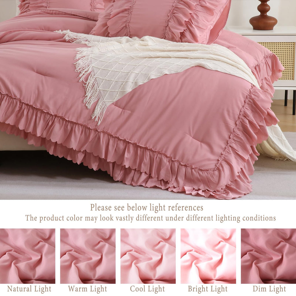 Bean Pink Ruffled Comforter Set Queen Size, 3-Piece Soft Microfiber Shabby Chic Bedding Set with Double Layer Ruffle