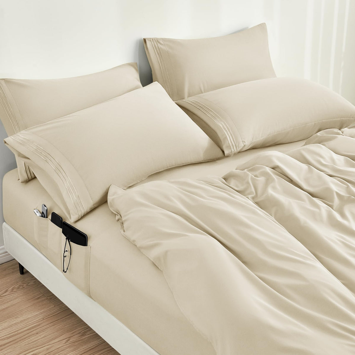 6 Pieces Bed Sheets Set with Pockets on Side(Cream), Sweat-Wicking Breathable Sheets, 16-inch Super Soft Hotel