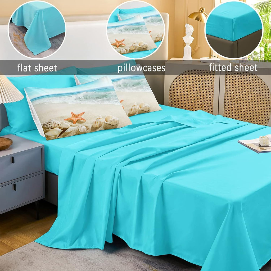 Beach Themed Comforter Set - Sheets, Starfish Sea Life Printed - Women's Adult Coastal Bedding - Aqua
