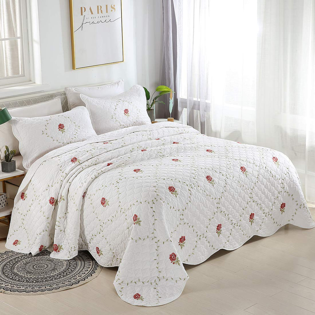3-Piece Elegant Flower and Leaf Embroidered Bedspread Coverlet Set Oversize Queen 100% Cotton Reversible Patchwork 1