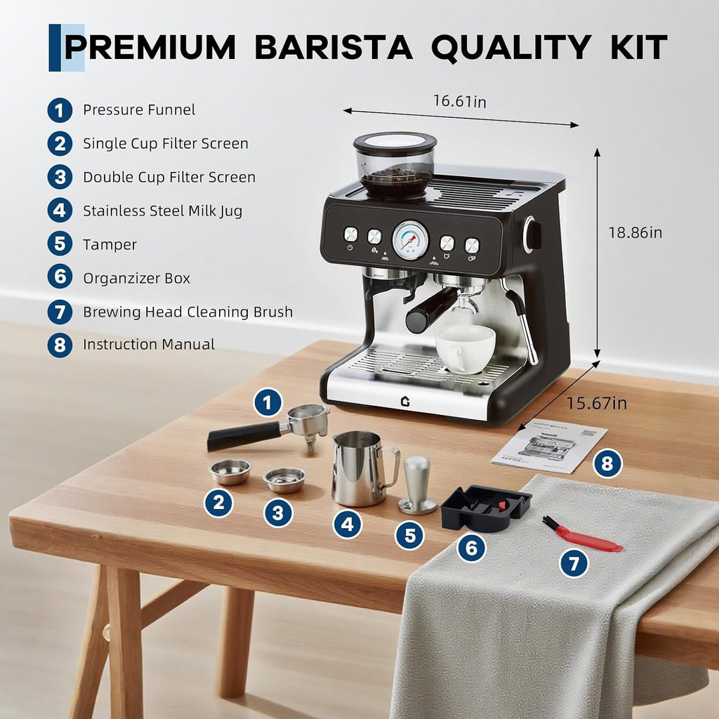 Espresso Machine with Grinder, 20 Bar Semi Automatic Espresso Maker with 30-Setting Precision Coffee Grinder & Steam
