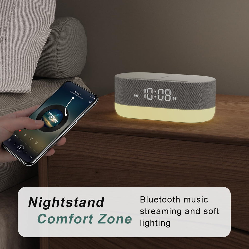 3 in 1 Sound Machine Alarm Clock& Wireless Charger: Soothing White Noise, Bluetooth Music Relaxation & Customized