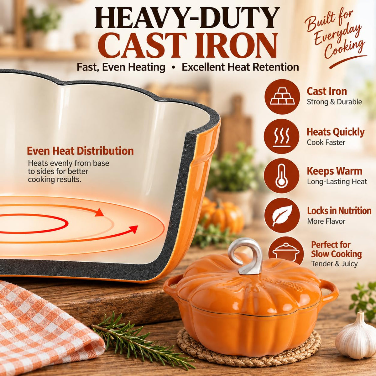 Pumpkin Dutch Oven Pot with Lid, Non-stick Enamel Cast Iron Dutch Oven, 3.5QT Pumpkin Cocotte with Cast Iron Knob