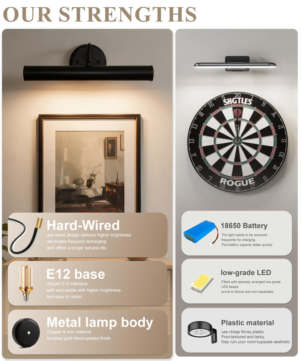 Hardwired Picture Lights for Wall, Black Vintage Lights for Picture on wall,E12 Base,2-Light Gallery Art Lighting