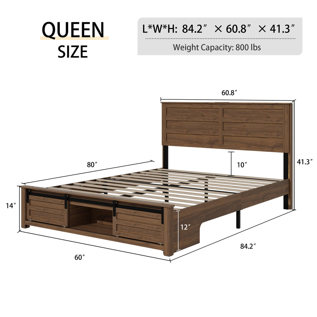 Wooden Bed Frame with Headboard, Farmhouse Storage, Barn Door
