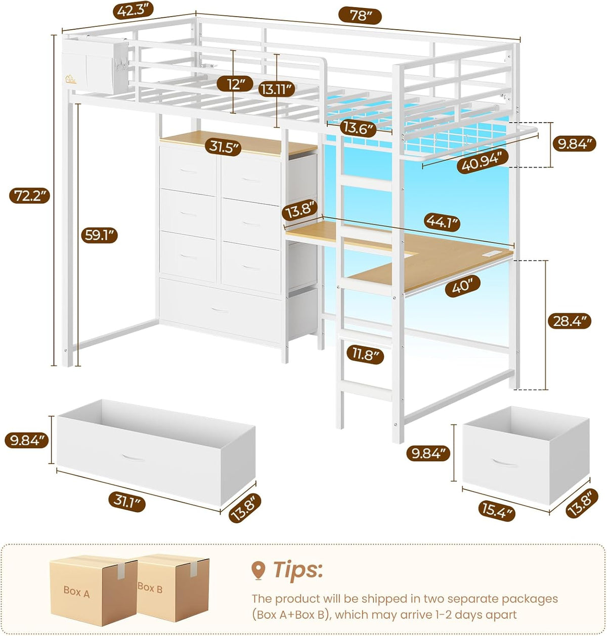 Twin Loft Bed with L-Shaped Desk and 7 Storage Drawers,Metal Twin Loft Bed for Kids with LED Lights and Charging