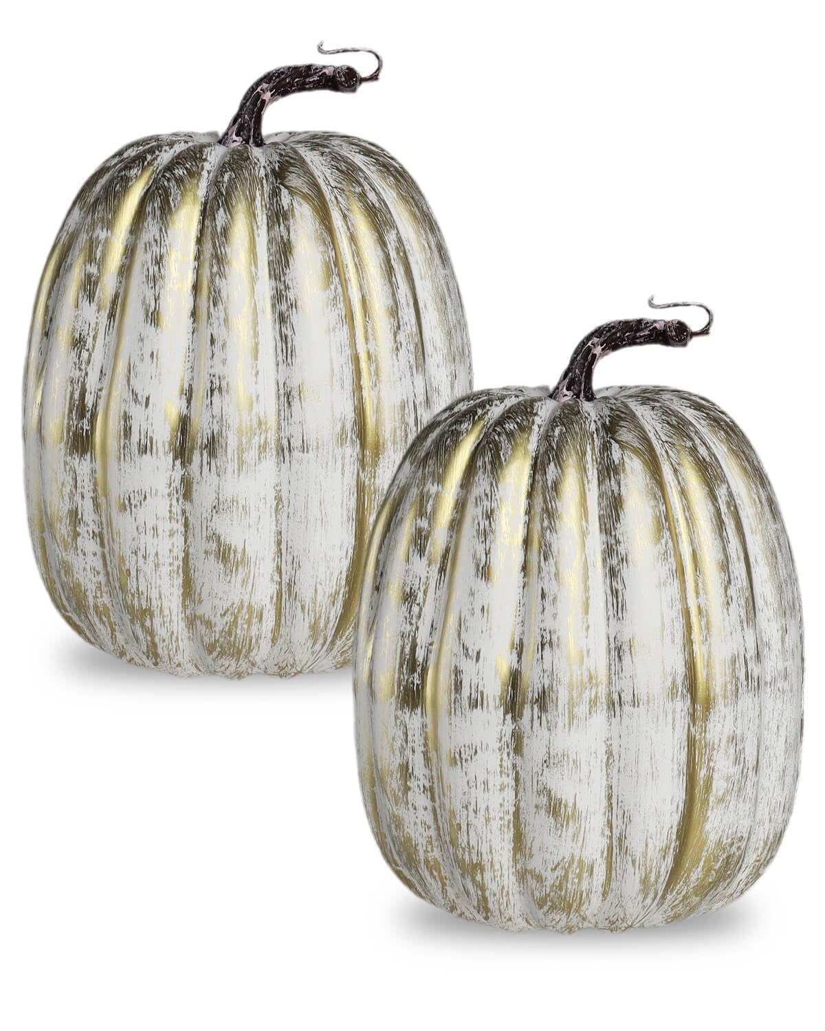 2 Pack 8 Inch Distressed Gold Artificial Pumpkins for Fall Decor