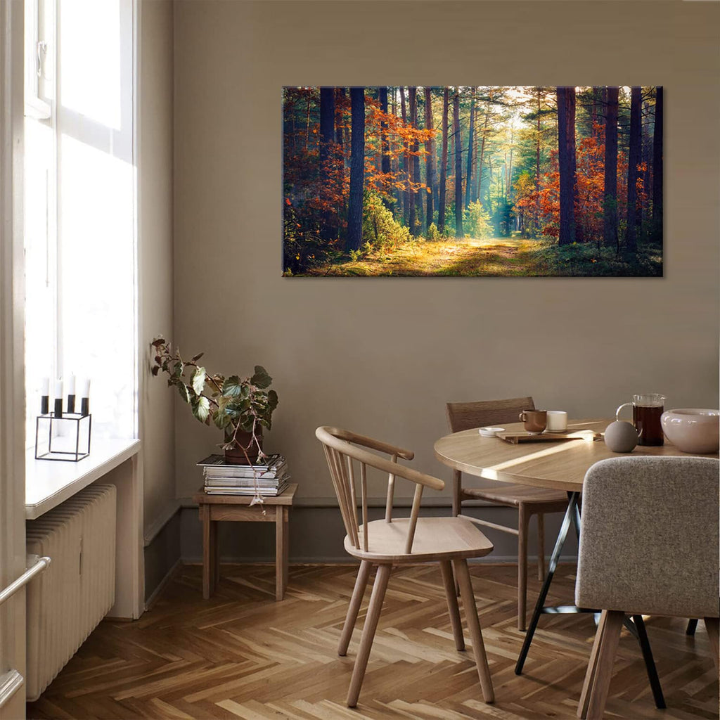 Autumn Forest Large Stretched Canvas Wall Art Bedroom Home Decoration, Mordern Morning Sunlight Wood Print Picture