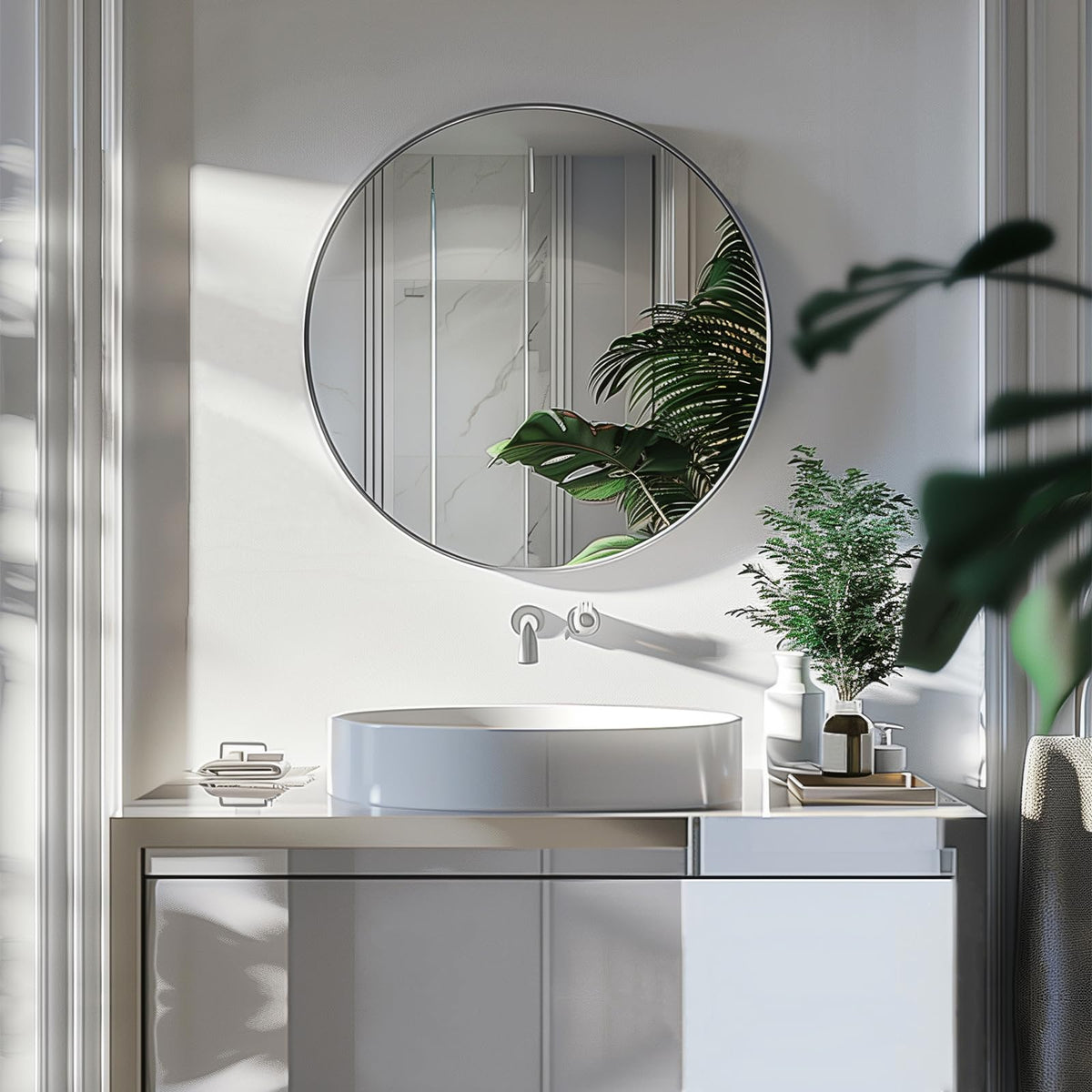Round Mirror 22 inch, Nickel Bathroom Mirror, Brushed Metal Frame