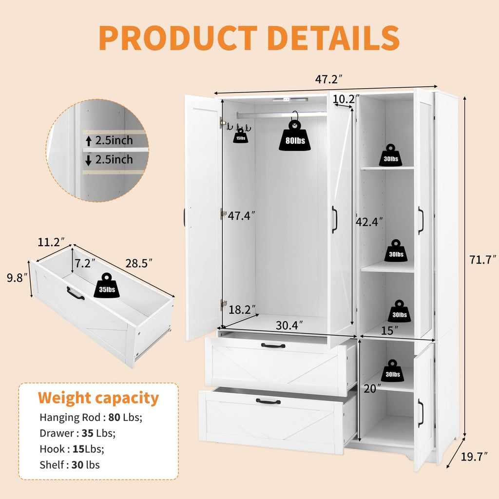 Armoire Wardrobe Closet with 3 Door, Bedroom Armoire with Mirror, LED Light, Hanging Rod, Drawers, Adjustable