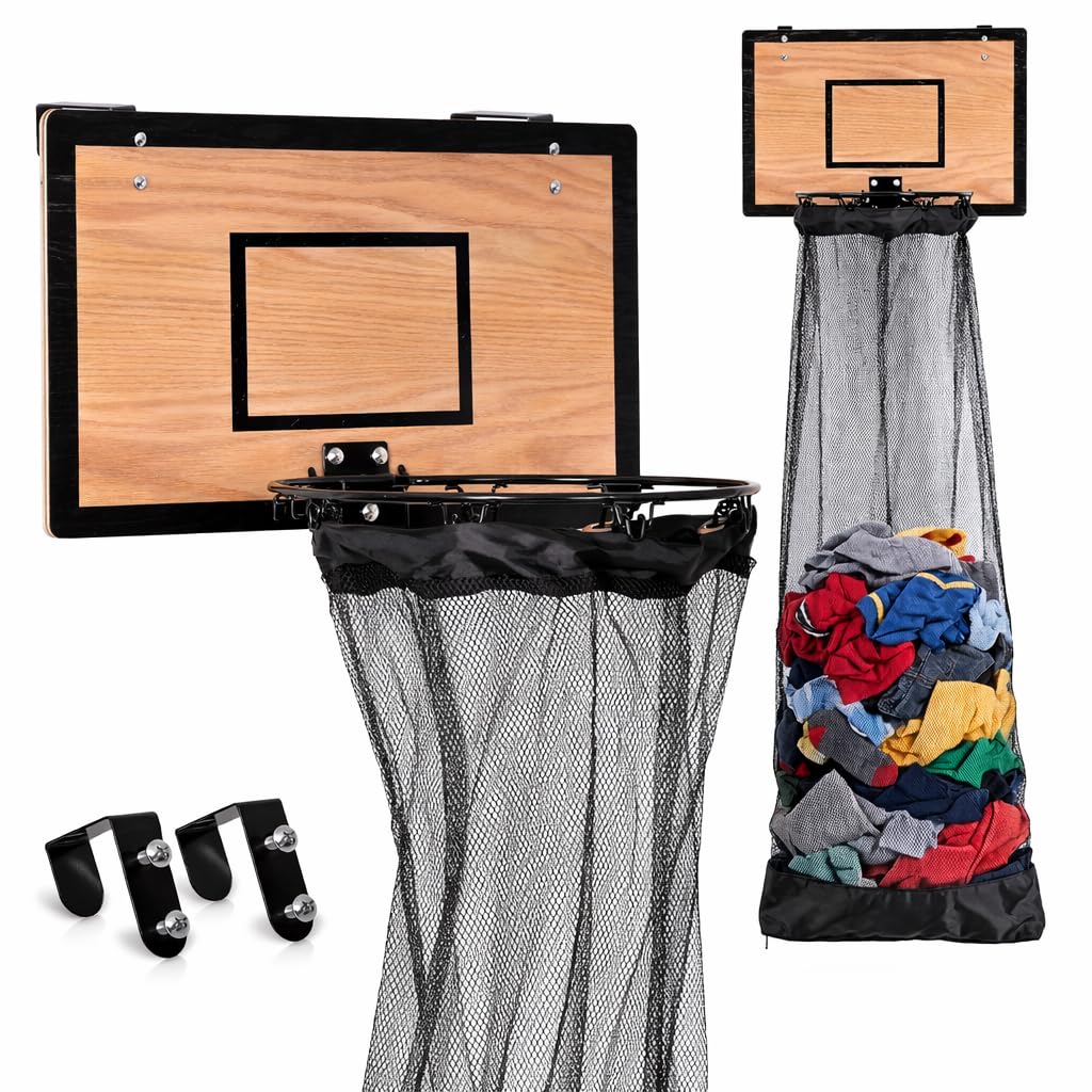 Wooden Basketball Hamper - Hoop Laundry Basket Over the Door - Room Decor