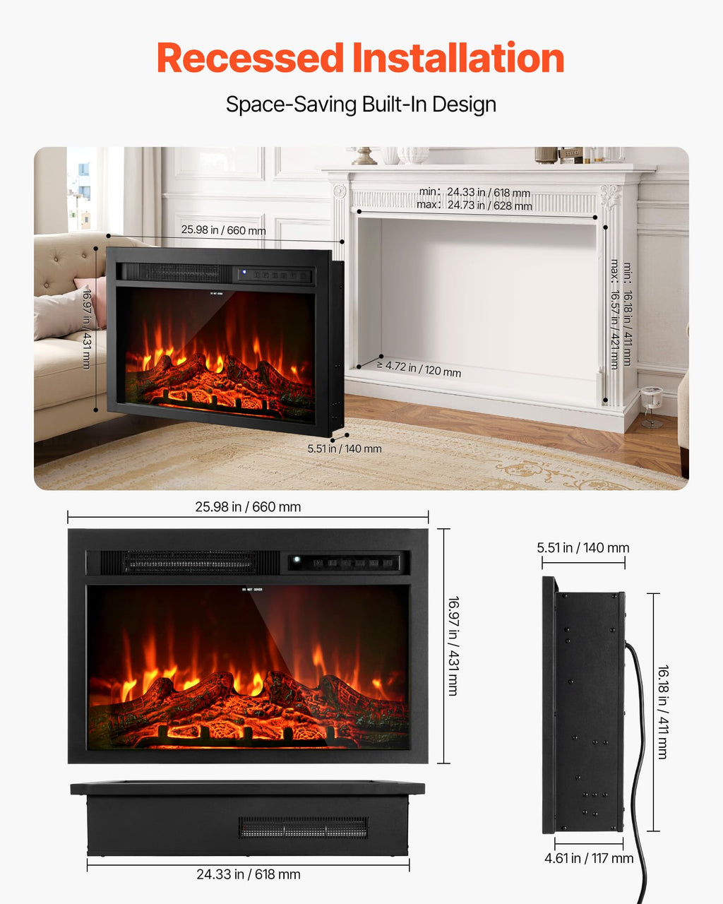 Electric Fireplace Insert, 26 inch Recessed and Wall Mounted with Adjustable Flame Color Brightness & 8h Timer &