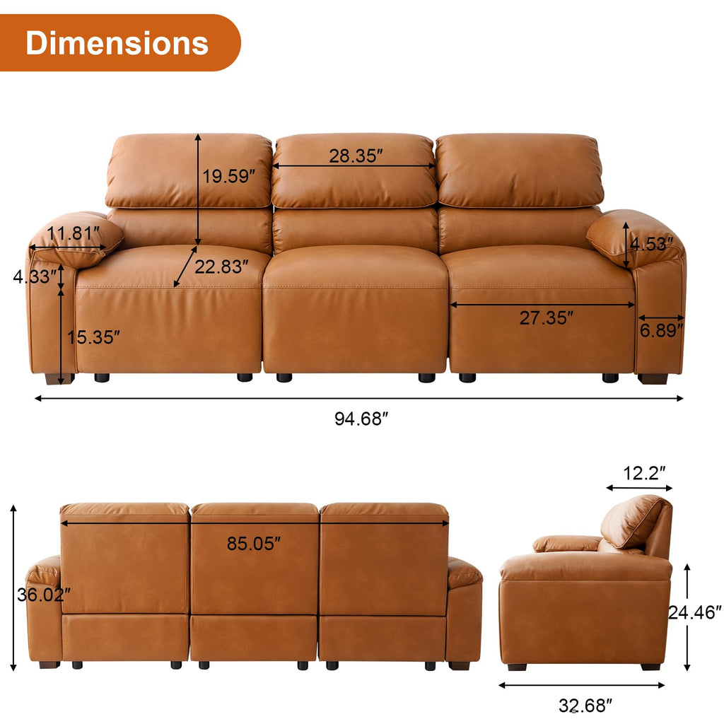 95" Faux Leather Couch, Mid Century Modern 3 Seater Sofa Couch, Brown