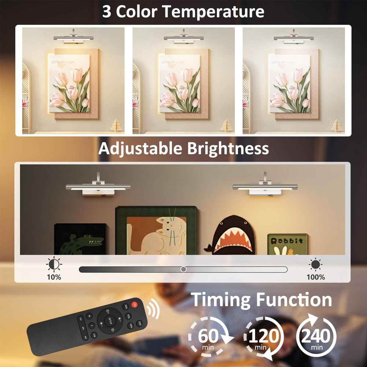 11.8" Nickel Picture Lights for Wall Rechargeable,10000mAh LED Battery Operated Art Light for Paintings,3CCT
