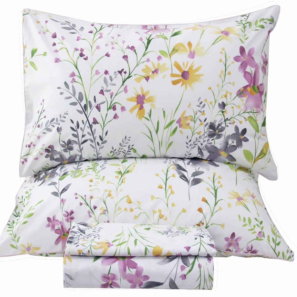 Floral Queen Size Sheet Sets - Yellow Wild Flower Botanical Pattern Egyptian Cotton Printed Bedding Sheets Set Queen