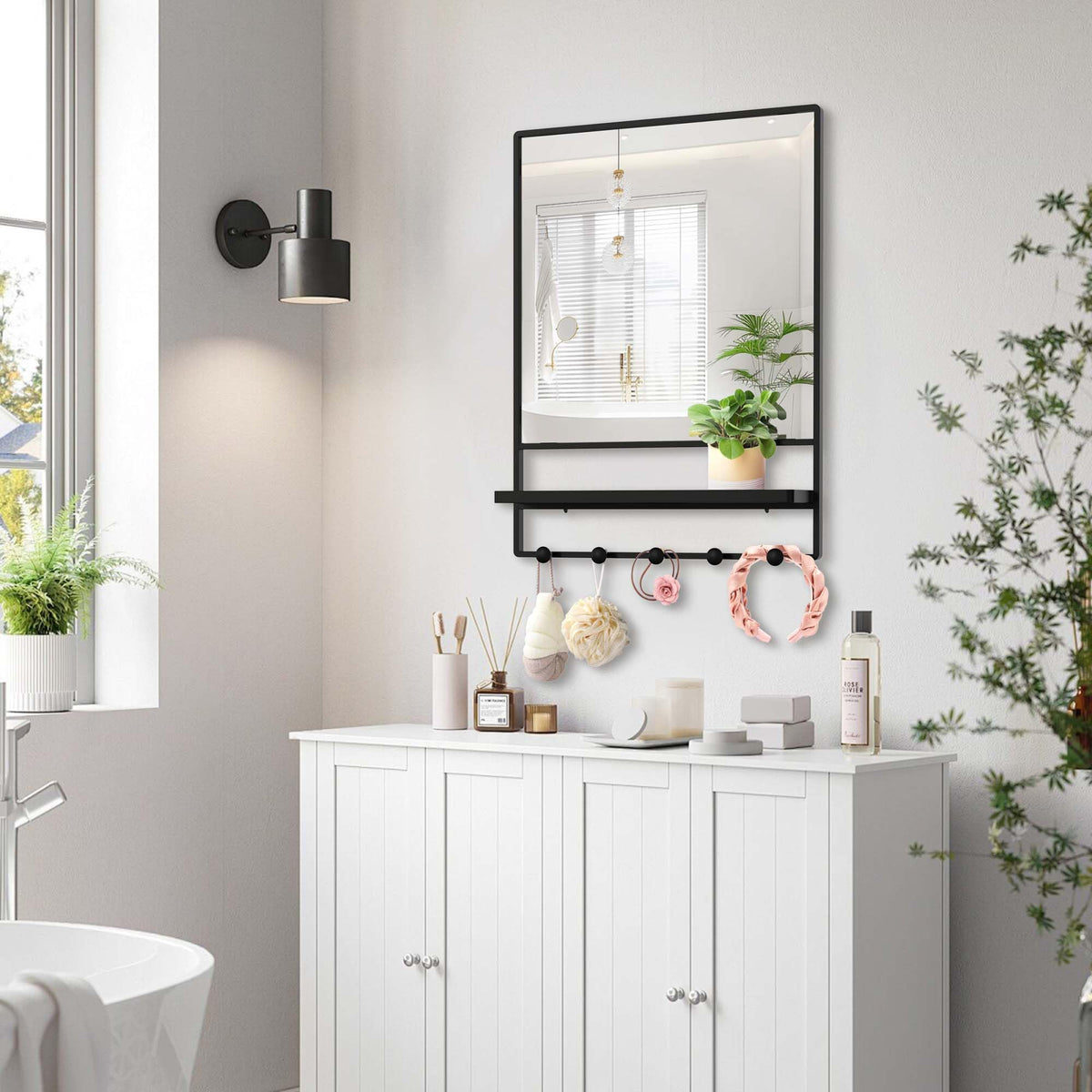 Wall Mirror with Shelf and Hooks,Bathroom Vanity Mirror with Hooks, 21 X 28 inch Metal Framed Decorative Mirror