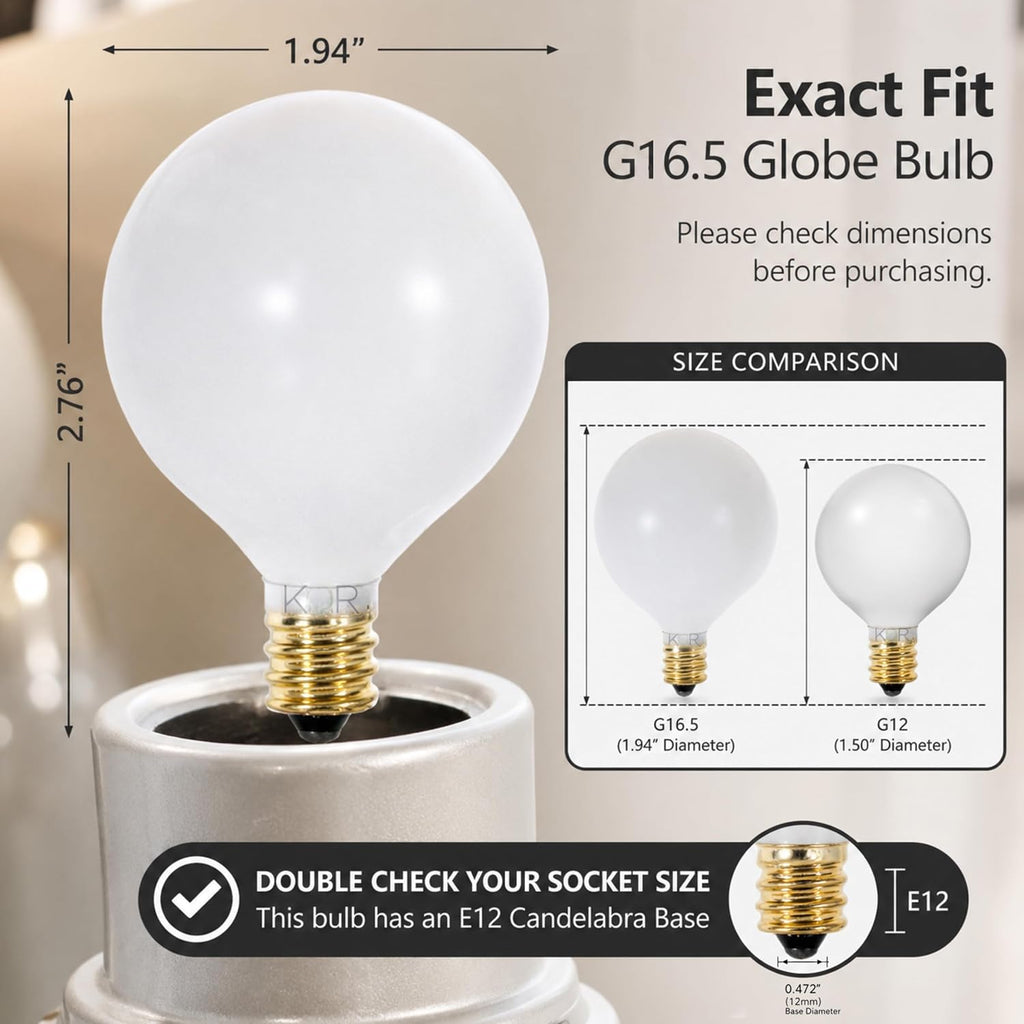 G16.5 White Incandescent Globe Bulbs, 25W, E12 Candelabra Base, 10-Pack