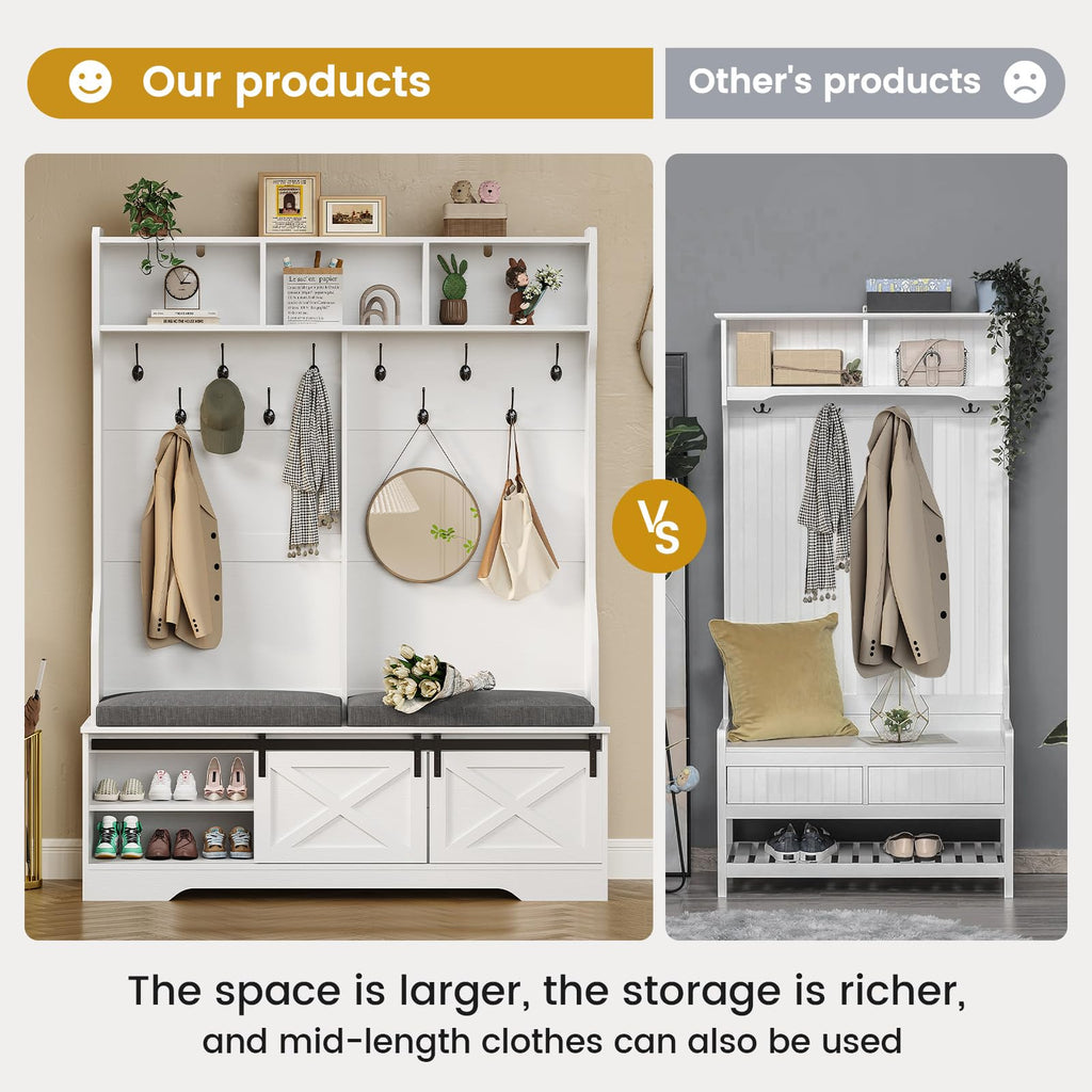 Hall Tree with Bench and Shoe Storage, Entryway Bench with Coat Rack, Modern Farm House Barn Door 3-in-1 Hall Tree