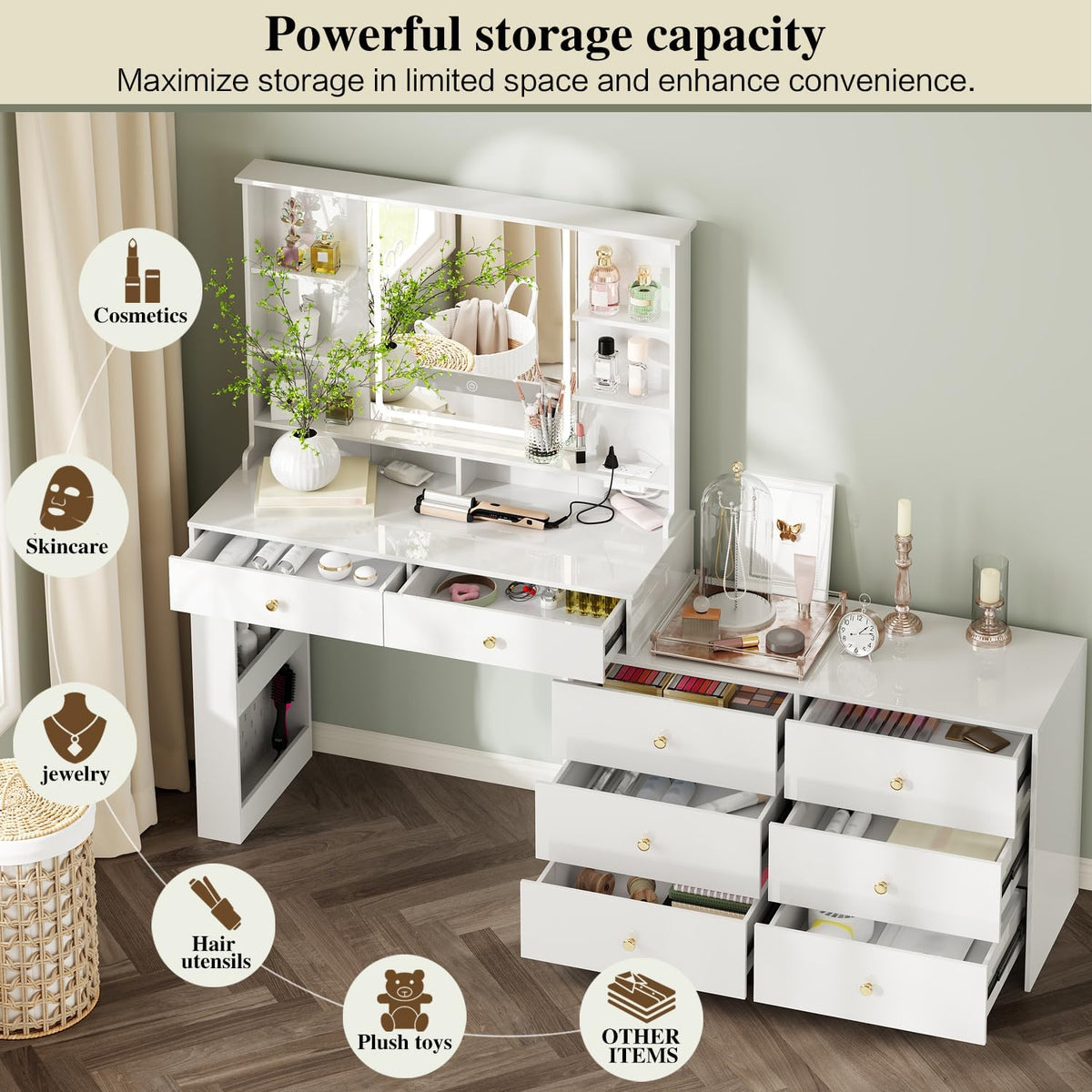 Makeup Vanity Desk with Mirror and Lights, Vanity Desk with 8 Drawers & Storage Shelves, Vanity Table with Power