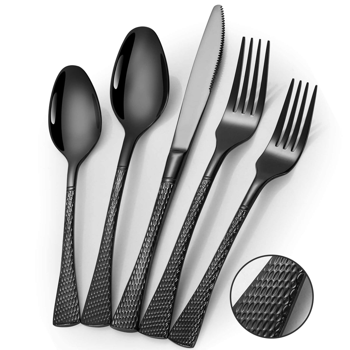 Hammered Black Silverware Set,20 Piece Modern Flatware Set Service for 4,Mirror Polished Stainless Steel Cutlery Set