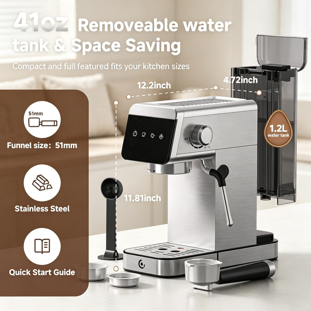 20 Bar Compact Home Espresso Coffee Machine, Matte Silver